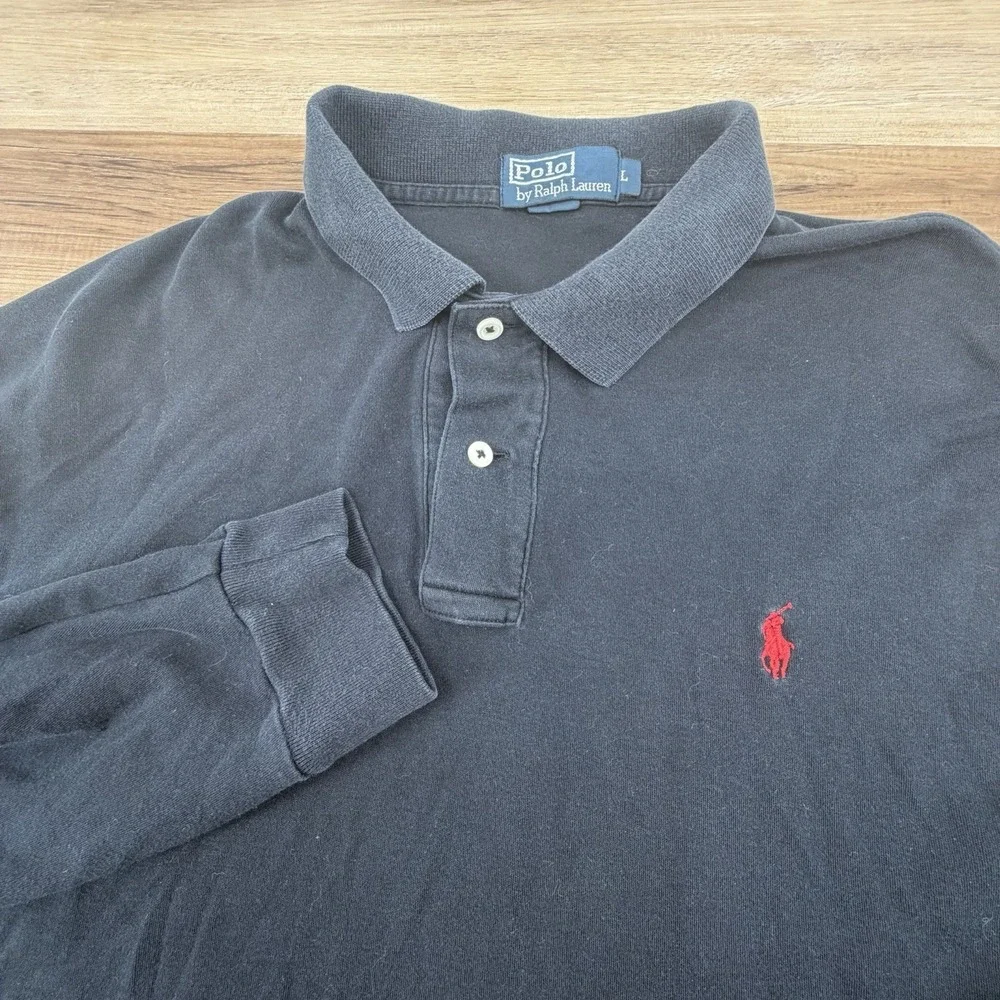 Ralph Lauren Polo‎ Shirt Mens Large Black Long Sleeve Pony Solid Cotton Vintage